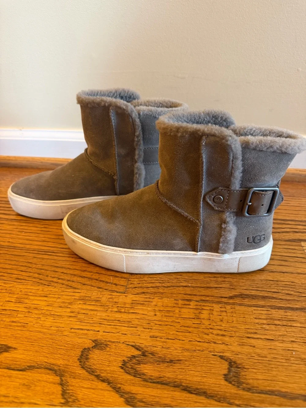 UGG Women's Taupe Suede Shearling Mid-Ankle Booties with Buckle Strap
